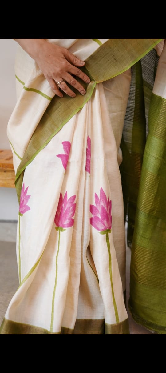 Off white and green hand painted tussar silk saree