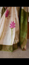 Off white and green hand painted tussar silk saree