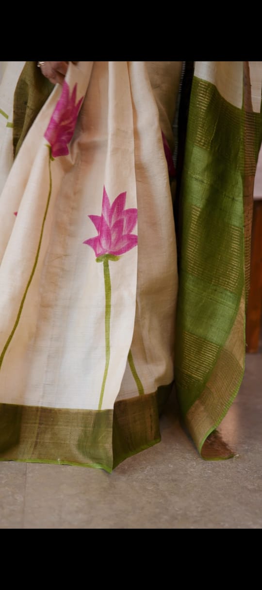 Off white and green hand painted tussar silk saree