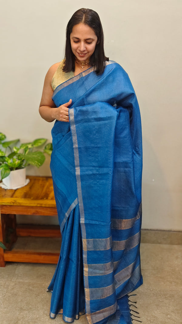 Blue tussar silk saree