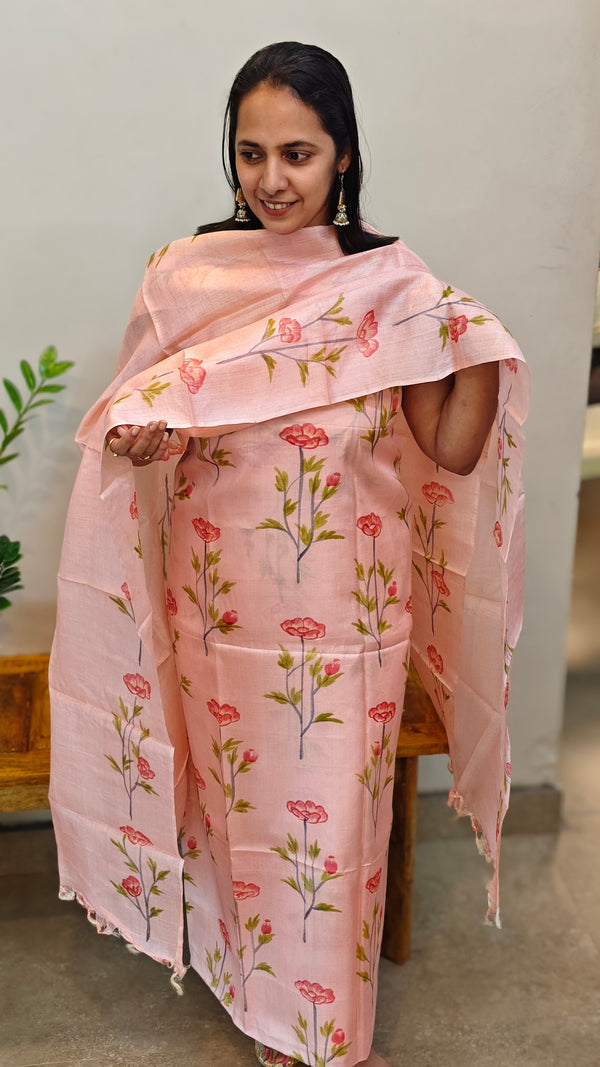 Pink hand painted tussar suit