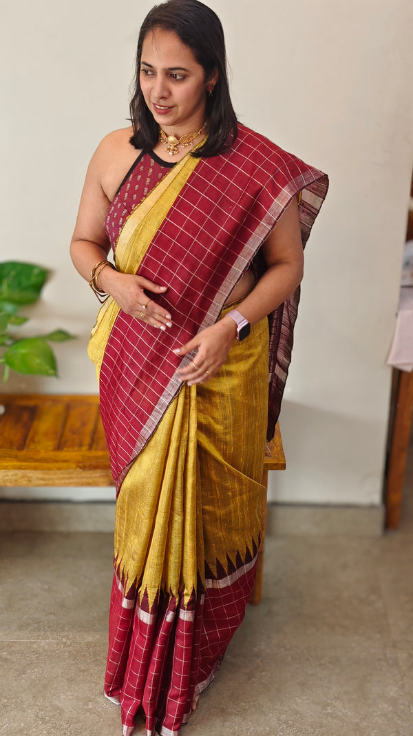 Mustardand RedRaw Silk Saree