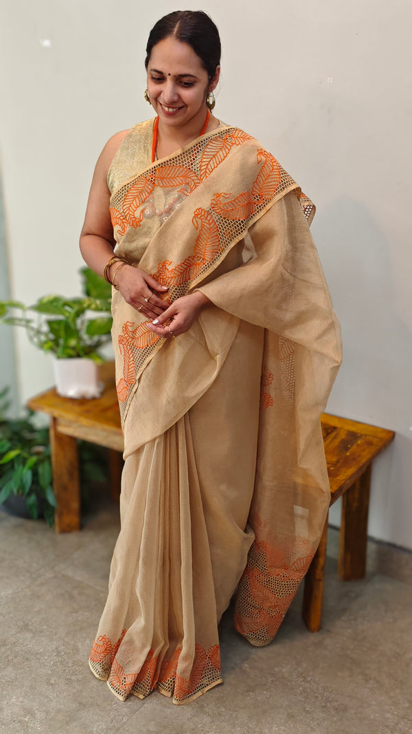 Golden tissue cutwork saree