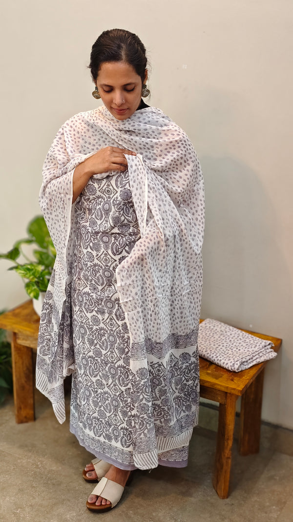 White and grey Block printed cotton suit