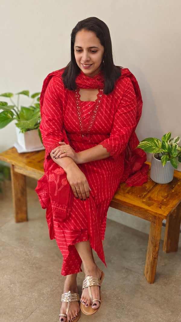 Red V neck 3 piece cotton set