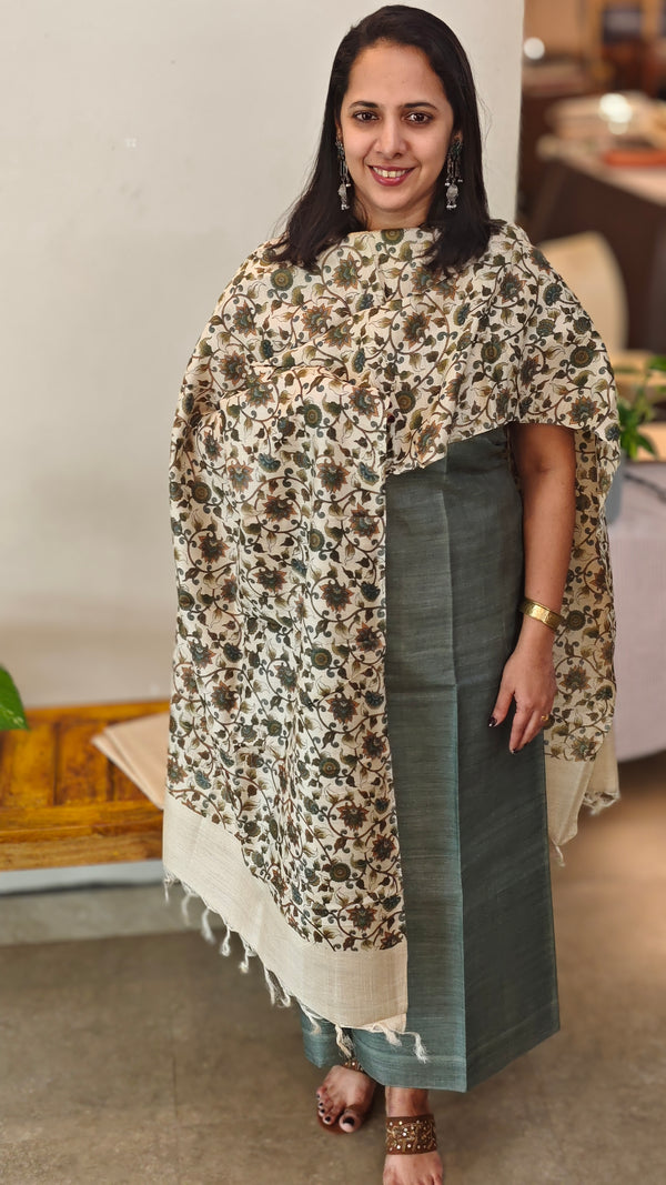 Tussar silk suit with printed Silk Dupatta