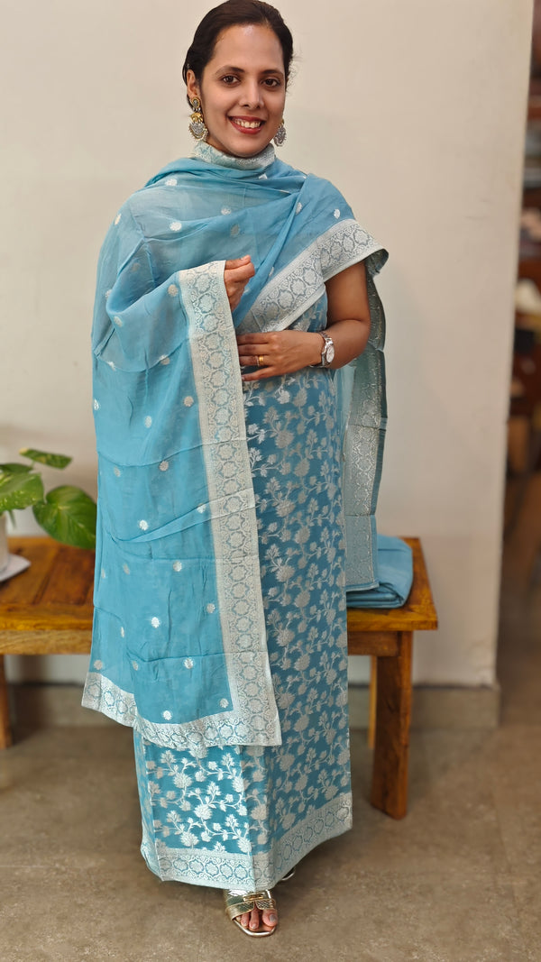 Blue Banarasi Unstitched salwar set (3pc set)