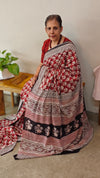 Red block printed cotton Saree