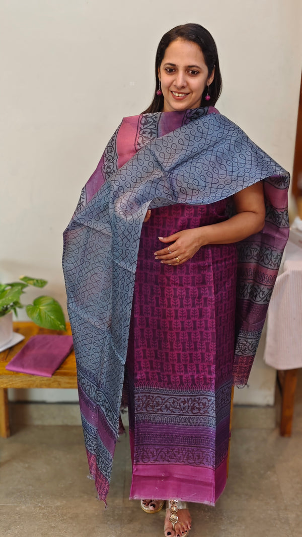 Wine color Printed Tussar silk Unstitched Salwar suit