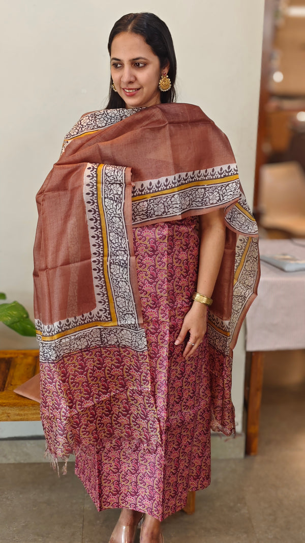 Pink block printed tussar silk suit