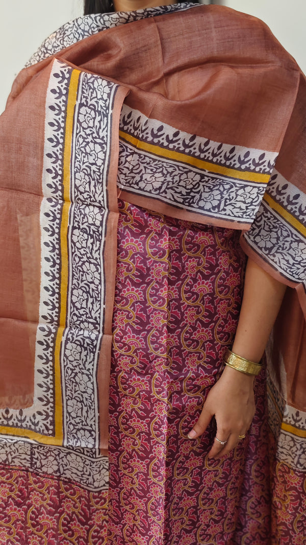 Pink block printed tussar silk suit