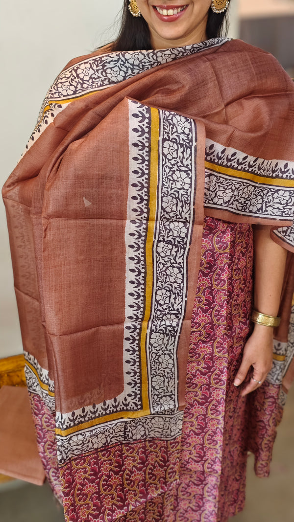 Pink block printed tussar silk suit