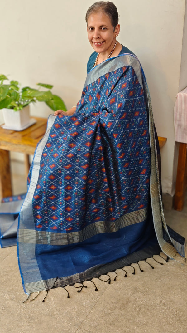 Blue ikat printed saree