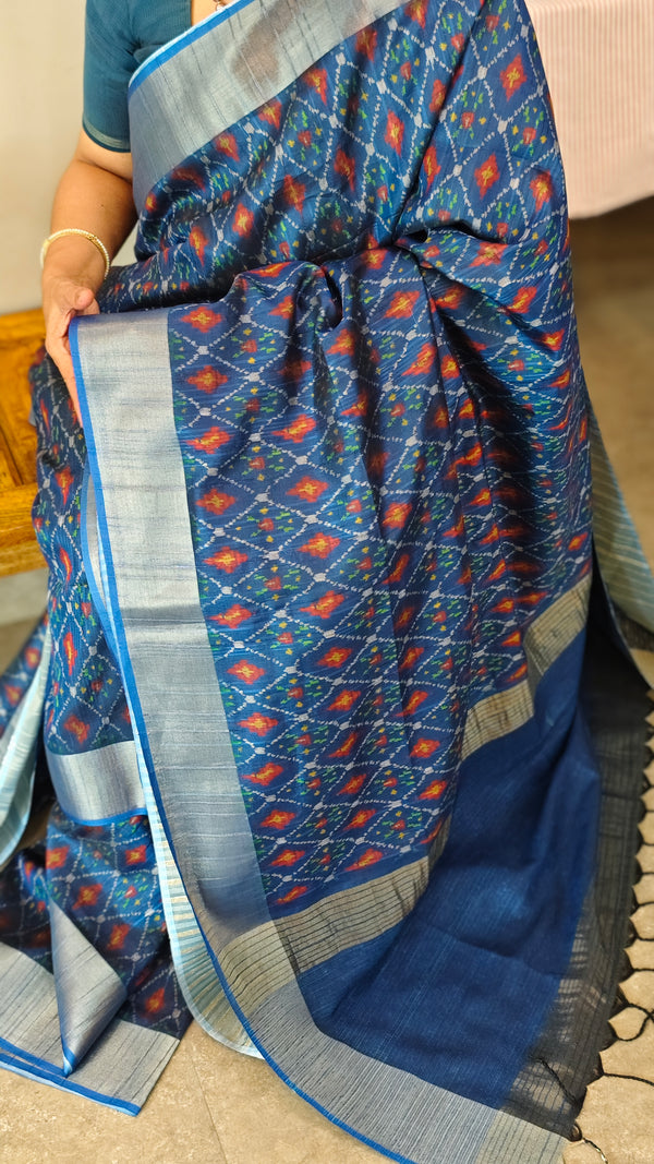 Blue ikat printed saree
