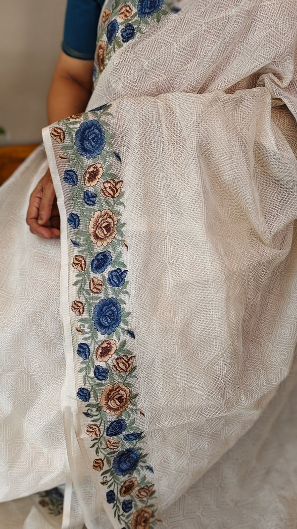 White tepchi kota saree with embroidered borders