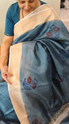 Blue printed tussar silk saree