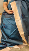 Blue printed tussar silk saree