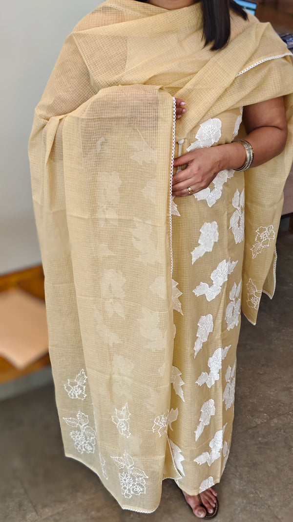 Beige net kota applique work suit