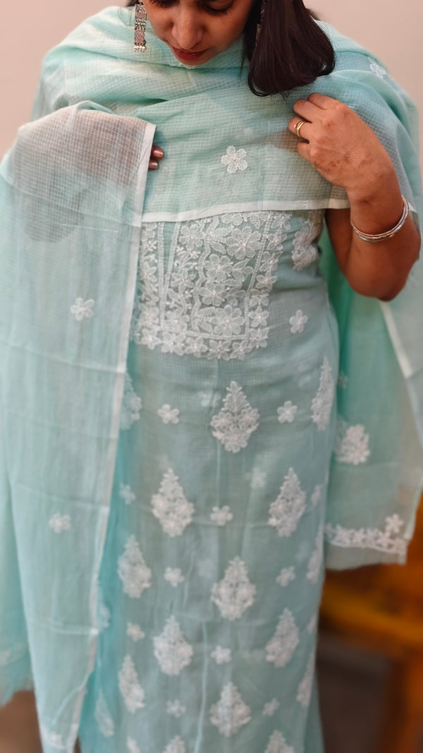 CW3T Aqua green chikankari net kota two piece salwar