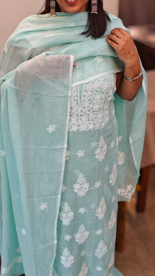 CW3T Aqua green chikankari net kota two piece salwar