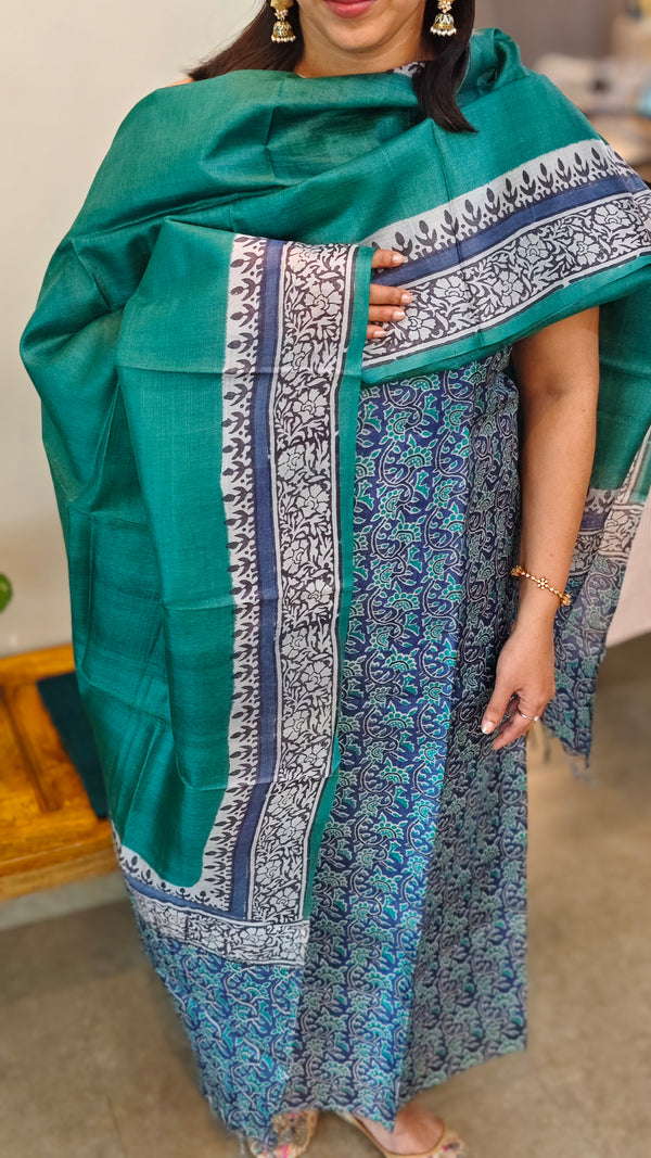 Blue printed Tussar salwar suit