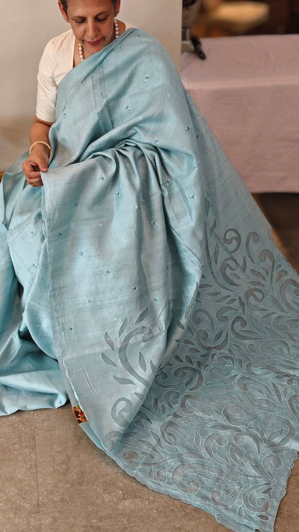 Powder blue applique designed saree