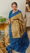 Golden brown block printed tussar silk saree