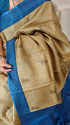 Golden brown block printed tussar silk saree