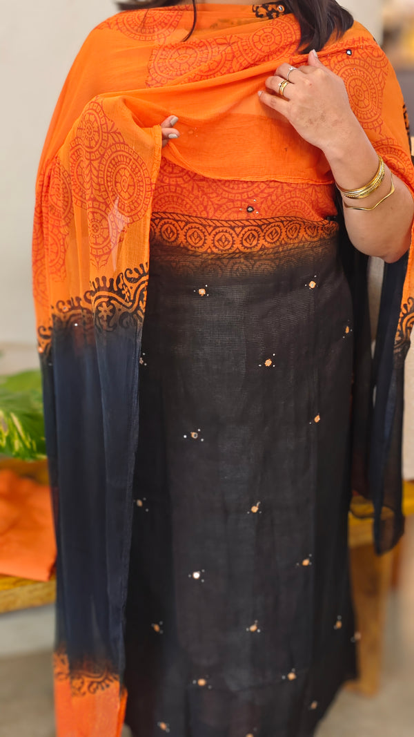 Black and orange net kota suit