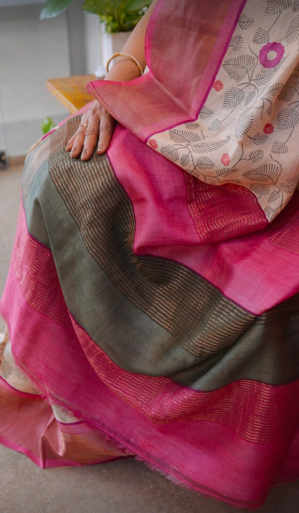 Printed tussar silk saree