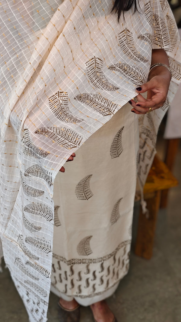 Off white block printed chanderi suit