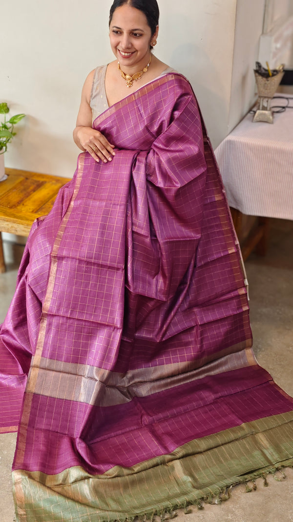 CTPR - Magenta zari checked tussar silk saree