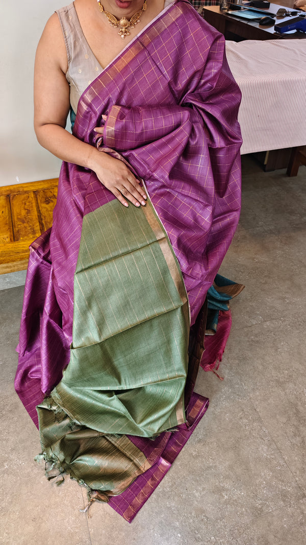 CTPR - Magenta zari checked tussar silk saree