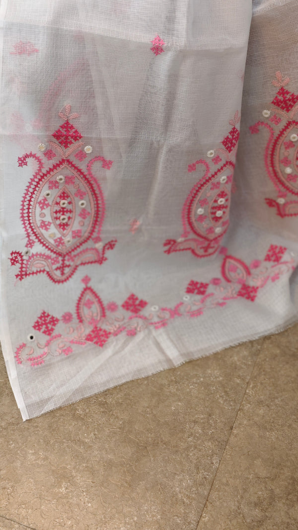 AS32 - White net kota saree with kutch work