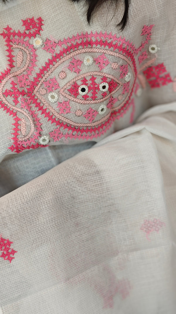 AS32 - White net kota saree with kutch work