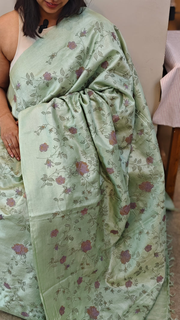 Mint green embroidered tussar silk saree