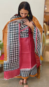 Red, mustard and black block printed tussar silk suit