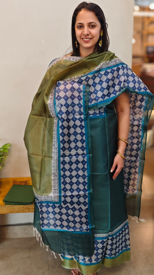 Peacock green block printed tussar silk suit