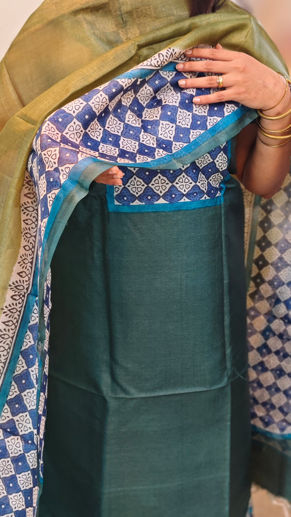 Peacock green block printed tussar silk suit