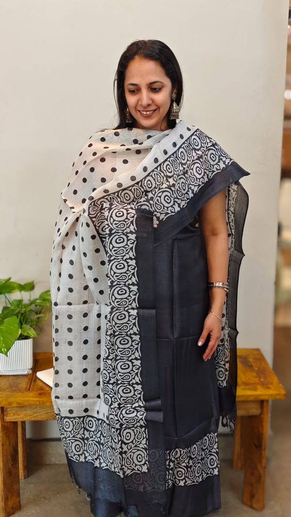 Black and white block printed tussar silk suit