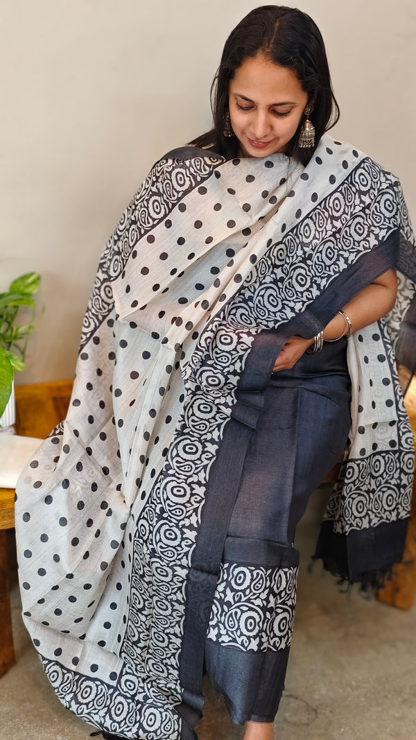 Black and white block printed tussar silk suit