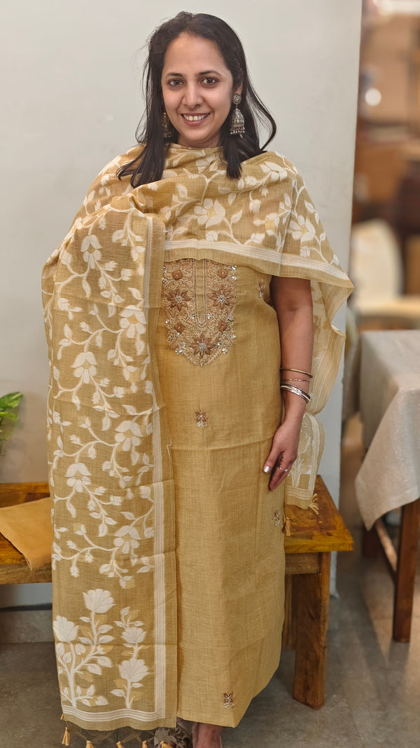 Golden beige linen suit jamdani dupatta