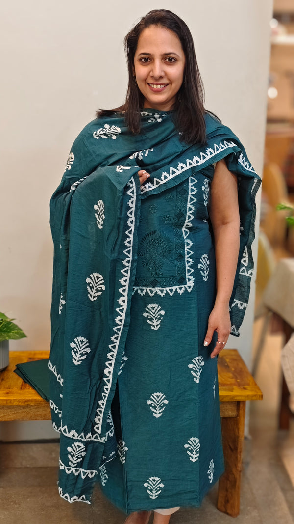 Green flex chanderi block printed suit