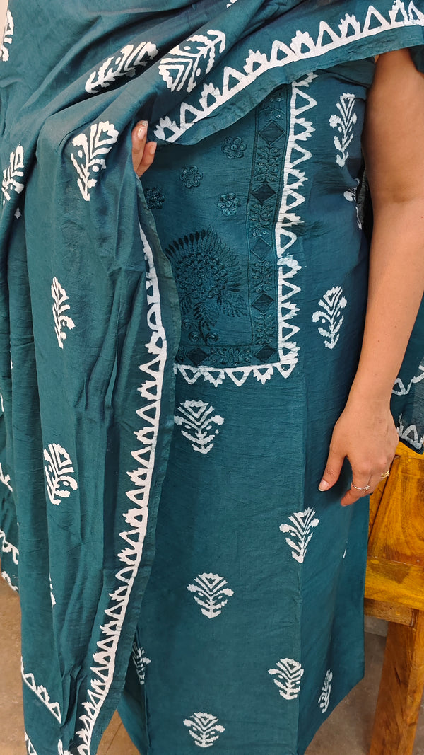 Green flex chanderi block printed suit