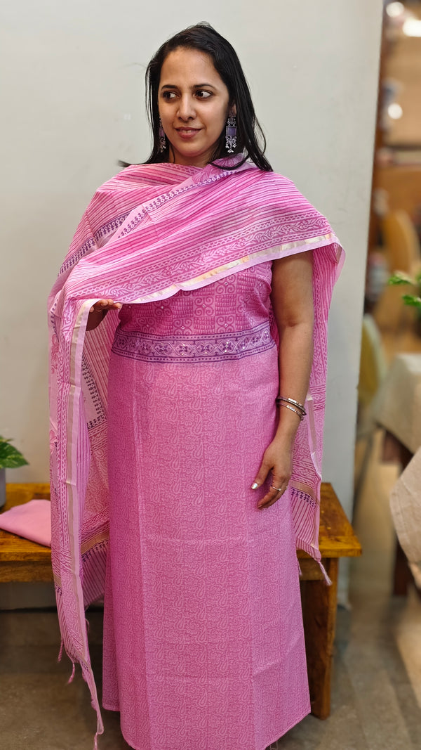 Pink block printed chanderi suit