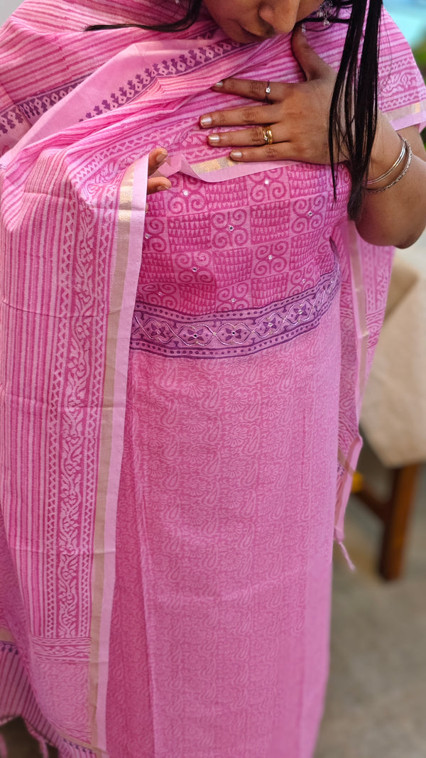 Pink block printed chanderi suit