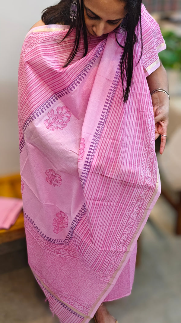 Pink block printed chanderi suit