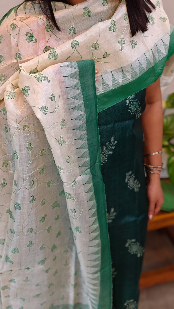 Green tussar silk suit off white dupatta