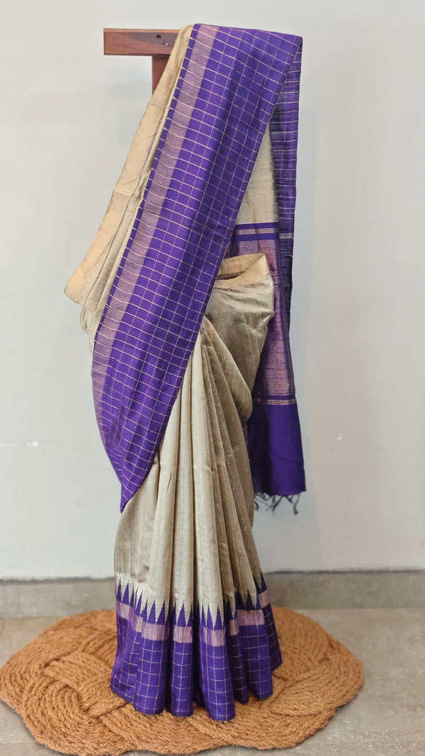 Beige and violet raw silk saree
