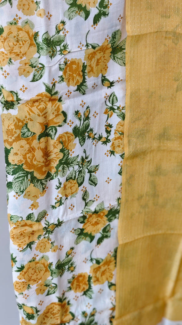 White and yellow printed tussar silk suit